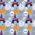 Happy halloween, witch face skulls pumpkin hat cobweb trick or treat party celebration background Royalty Free Stock Photo