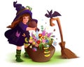 Happy halloween witch girl cooks magic flower potion