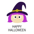 Happy Halloween. Witch girl face wearing curl hat. Cartoon funny spooky baby magic character. Cute head. Greeting card. Flat desig Royalty Free Stock Photo