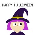 Happy Halloween. Witch girl wearing curl hat. Cartoon funny spooky baby magic character. Cute head face. Greeting card. Flat desig Royalty Free Stock Photo