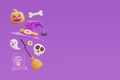 Happy Halloween with witch hat, bones, skull, grave, pumpkin and broom floating on purple background, 3d rendering Royalty Free Stock Photo