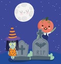 Happy halloween, witch and pumpkin costume cemetery gravestones moon night trick or treat party celebration