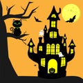 Happy Halloween. A witch s castle with a pumpkin, a black cat sitting on a tree, bats, cobwebs and spiders, a full moon Royalty Free Stock Photo