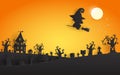 Happy Halloween, witch silhouette on the moon, Template for advertising brochure. greeting card happy halloween party poster Royalty Free Stock Photo