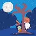 Happy halloween, witch skeleton pumpkin behind the tree trick or treat party celebration