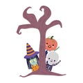 Happy halloween, witch skeleton pumpkin behind the tree trick or treat party celebration