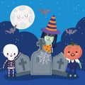 Happy halloween, witch skeleton pumpkin cemetery gravestones bats night trick or treat party celebration