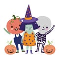 Happy halloween, witch skeleton and pumpkin costumes characters trick or treat party celebration