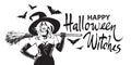 Happy halloween witches comic hand drawn lettering, beautiful sexy witch holding broomstick surrounded by bats. Sketch style Royalty Free Stock Photo