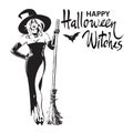 Happy halloween witches hand drawn calligraphy, beautiful sexy witch holding broomstick surrounded by bats Royalty Free Stock Photo