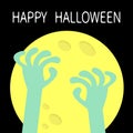 Happy Halloween. Zombie hands rising out of a grave stone. Big yellow moon light. Cute cartoon boo spooky character body part. Royalty Free Stock Photo