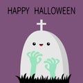 Happy Halloween. Zombie hands rising out of a grave stone. Black grass silhouette. Graveyard. Green color. Cute cartoon boo spooky