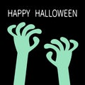 Happy Halloween. Zombie hands rising out of a grave stone. Green color. Cute cartoon boo spooky character body part. Black Royalty Free Stock Photo