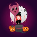 Happy Hallowen illustration on purple background cute witch boiling potion in cauldron