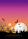 Happy Halloween Vector Seamless Background Illustration With The Moon, Cemetery, Ghosts, Bats, And Text Space.