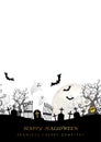 Happy Halloween Vector Seamless Background Illustration With The Moon, Cemetery, Ghosts, Bats, And Text Space.