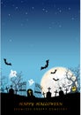 Happy Halloween Vector Seamless Background Illustration With The Moon, Cemetery, Ghosts, Bats, And Text Space.