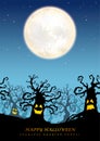 Happy Halloween Vector Seamless Background Illustration With The Moon, Cemetery, Ghosts, Bats, And Text Space.