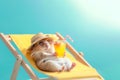 Happy hamster lies on a sun lounger with cocktail on pastel blue background, vacation concept