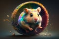 Happy Hamster with a Wagging Tail, Enjoying a Run on a Colorful Wheel