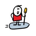 Happy hand drawn cartoon guy surfing on a sup and holds paddle Royalty Free Stock Photo