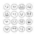 Happy hand drawn funny smiley faces. Sketched facial expressions set. Collection of cartoon emotional characters. Emoji icons. Royalty Free Stock Photo