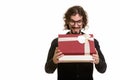 Happy handsome Caucasian man opening gift box ready for Valentin Royalty Free Stock Photo