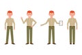 Happy, handsome, friendly red hair office worker man in pants vector. Front view standing, waving hello, writing character