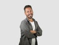 Happy and handsome 40s man with blue eyes and beard  in casual shirt posing in cool attitude smiling cheerful and confident on Royalty Free Stock Photo