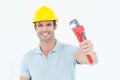 Happy handyman holding monkey wrench Royalty Free Stock Photo