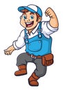 The happy handyman is jumping and excited character