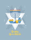 Happy Hannuka. Hanukkah symbols. Traditional Jewish holiday greeting card design with congratulations. Menorah, Star of David