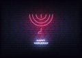 Happy Hannukah. Menorah neon sign. Glowing decoration for Jewish Chanukkah holiday