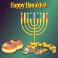 Happy Hanukkah background with menorah candy donut toy spinning top on an isolated background. Vector image