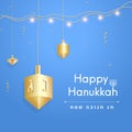 Happy Hanukkah banner. Hanuka greeting card with golden dreidels, spinning top, gold confetti, lighting decoration, menorah. Royalty Free Stock Photo