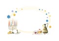 Happy Hanukkah banner template for greeting design with menorah, sufganiyot donuts, dreidel. Watercolor illustration Royalty Free Stock Photo