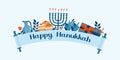 Happy Hanukkah banner, template for your design. Hanukkah is a Jewish holiday. Greeting Card with Menorah, Sufganiyot