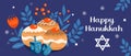 Happy Hanukkah banner, template for your design. Hanukkah is a Jewish holiday. Greeting Card with Sufganiyot, Dreidel