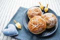 Happy Hanukkah banner. A traditional treat of doughnuts with David star and dreidel made from cheese and biscuit sticks