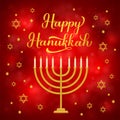 Happy Hanukkah calligraphy lettering and gold stars of David and menorah candle on Red background. Jewish holiday Festival of