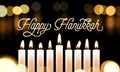 Happy Hanukkah candle lights bokeh and golden calligraphy text for Jewish holiday greeting card design. Vector Chanukah or Hanukah