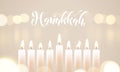 Happy Hanukkah candle lights bokeh and white calligraphy text for Jewish holiday greeting card design. Vector Chanukah or Hanukah Royalty Free Stock Photo