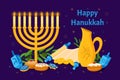 Happy hanukkah, candle and traditional symbols, greeting card. Kids party banner with menorah, dreidel and hebrew money