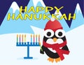 Happy Hanukkah card. Cute penguin standing near a blue menora with colorful candles, holding green candle