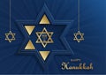 Happy Hanukkah card with nice and creative symbols and gold paper cut style on color background for Hanukkah Jewish holiday
