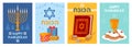 Happy Hanukkah cards. Holiday banners with traditional Judaic items. Religious Jewish symbols. Minor and Torah. Star of