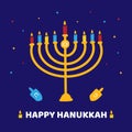 Happy Hanukkah cartoon style colorful greeting card, vector illustration with menorah with nine lighting candles, dreidels