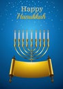 Happy hanukkah celebration card with golden candelabrum and patchment
