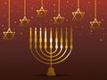 Happy hanukkah celebration card with golden candelabrum and stars hanging