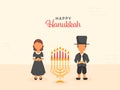 Happy Hanukkah Celebration Concept With Illuminated Candelabra And Faceless Israel Young Couple Holding Jelly Donut In Traditional